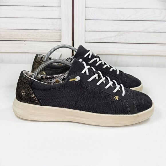 Hey Dude Karina Shimmer Lace Up Sneakers Denim Black Metallic Gold Womens 11 - Picture 1 of 12